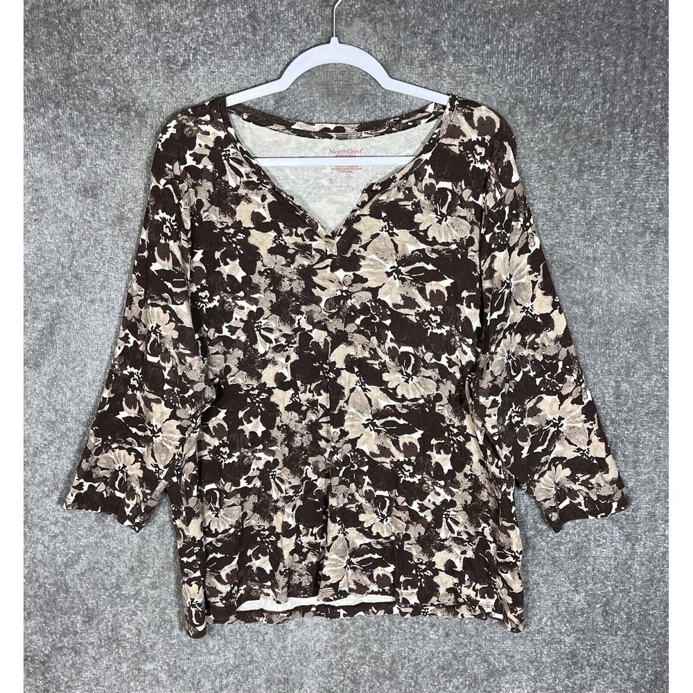 NorthCrest Top Womens Plus Size 2X Brown Floral Cotton V-Neck Long Sleeve‎